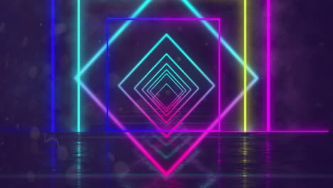 Animation-Von-Bunten-Neonlinienquadraten-Und-Einem-Diamanttunnel,-Der-Sich-Auf-Dunklem-Hintergrund-Bewegt