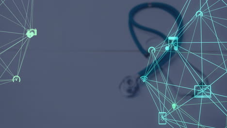 Animation-of-network-of-connections-with-icons-over-stethoscope