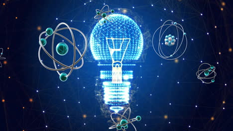 Animation-of-atomic-structures-moving-over-light-bulb-and-networks-on-dark-background