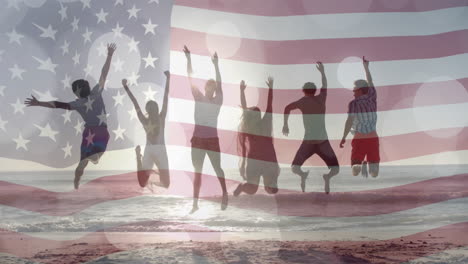 Animation-of-flag-of-usa-and-light-trails-over-diverse-friends-jumping-on-beach
