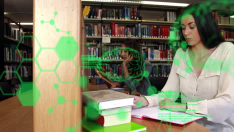 Animation-of-data-processing-and-chemical-formula-over-caucasian-female-student-reading-in-library