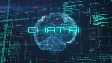 Animation-of-chat-ai-text-and-brain-with-data-processing-over-dark-background