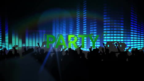 Animation-of-party-text-over-light-columns-and-people-dancing