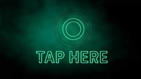Animation-of-neon-tap-here-text-and-glowing-circles-of-light-moving-on-black-background