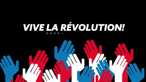 Animation-of-fete-vive-le-revolution-text-and-french-flag-hands-on-black-background
