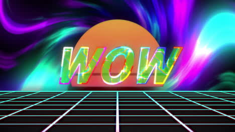 Animation-of-wow-text-over-colourful-light-trails-and-digital-sun-on-black-background