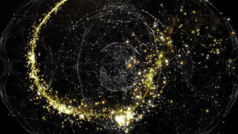 Animation-of-light-spots-over-globe-of-connections-on-black-background