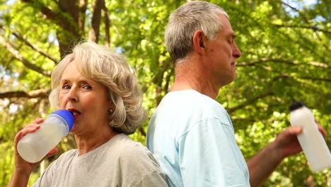 Retired-couple-drinking-water-outside