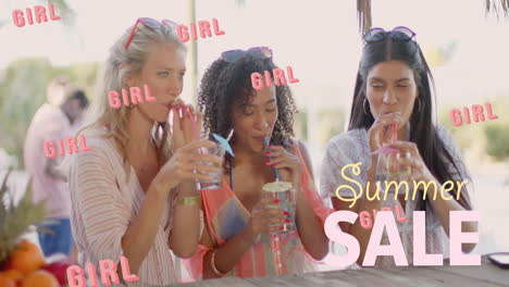 Animation-of-girl,-summer-sale-text-over-happy-diverse-female-friends-having-cocktails-at-sunny-bar