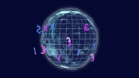 Animation-of-globe-of-connections-with-currency-symbols-on-black-background