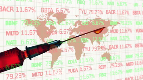 Animación-Del-Mapa-Mundial-Y-Procesamiento-De-Datos-Financieros-Sobre-Jeringa-Con-Aguja