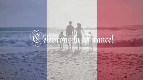 Animation-of-celebrons-la-france-text-and-french-flag-over-family-on-beach