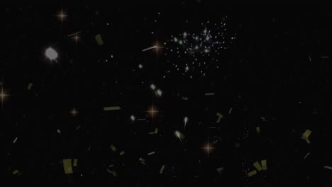 Animation-of-stars-and-confetti-falling-with-fireworks-over-black-background