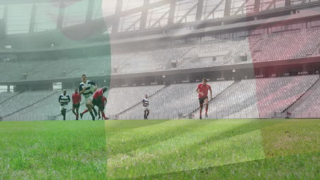 Animation-Der-Italienischen-Flagge-über-Verschiedenen-Rugbyspielern-Auf-Dem-Feld