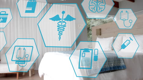 Animation-Medizinischer-Symbole-über-Einem-Leeren-Raum-Mit-Bett-Im-Krankenhaus