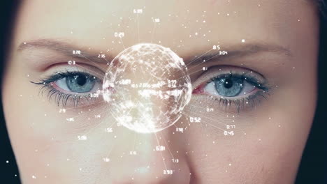Animation-of-globe-with-data-processing-over-eyes-of-caucasian-woman