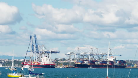 Large-freight-ships-at-port-in-Auckland-harbour,-New-Zealand