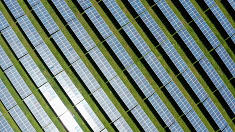 Solar-panels-arranged-in-neat-rows-under-the-sun,-aerial-view