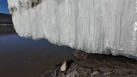 Große-Eisformation,-Aufgenommen-Unter-Der-Hellen-Winternachmittagssonne-An-Einem-Flussufer-In-Russland,-Mit-Klarem-Fließendem-Wasser-Und-Sichtbarem-Schlammigem-Boden