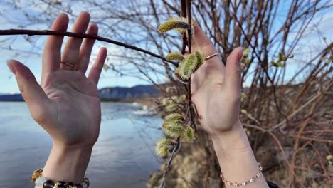 Two-hands-extend-towards-a-branch-against-a-backdrop-of-water-in-this-video
