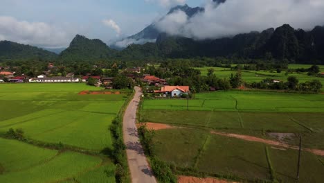 Cars-passing-through-a-narrow-road-in-a-rural-area-with-abundant-rice-fields-and-mountains-in-Laos