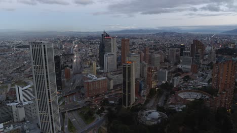 Drone-shot-of-downtown-Bogota-at-sunrise