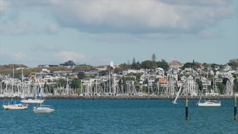 Yachts-sailing-and-moored-on-Auckland-Harbour,-New-Zealand