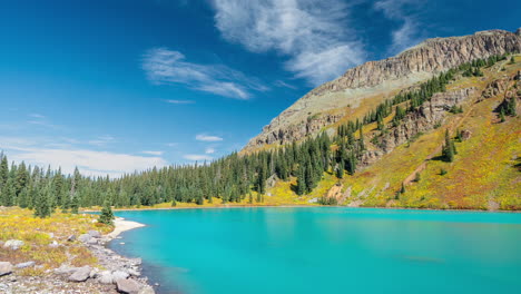 Timelapse,-Picturesque-Scenery,-Turquoise-Alpine-Lake-Under-Green-Hills-and-Blue-Sky-on-Sunny-Day