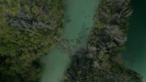 Rising-spinning-aerial-of-kayaks-on-river-by-green-woods,-Philippines