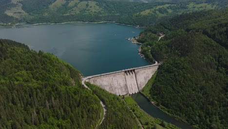 Damm-Und-Wasserreservoir-Umgeben-Von-Grünen-Wäldern,-Panorama-Luftaufnahme