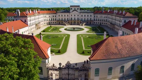 Entrance-at--Esterhazy-Castle,-Fertod,-Hungary,-Aerial