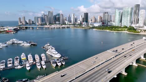 aerial-over-boats-and-traffic-with-miami-florida-skyline-in-background