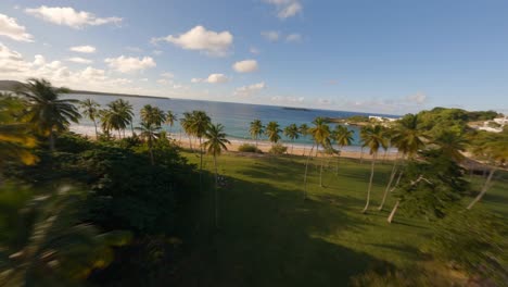 El-Dron-FPV-Desciende-Entre-Palmeras-Hasta-Una-Playa-De-Arena-Con-Olas-Mientras-Las-Familias-Juegan