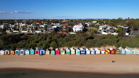 Aerial-View-of-Brighton-Bathing-Boxes,-Dendy-Street-Beach-in-City-of-Bayside,-Neighborhood-of-Melbourne,-Australia
