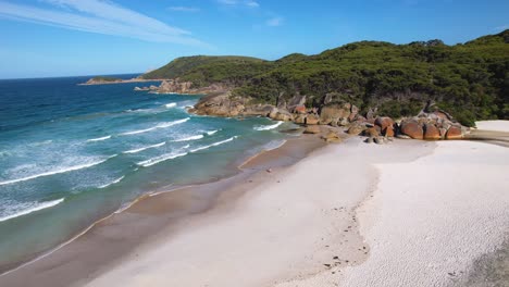 4K-Drone-video-panning-back-and-out-of-the-beautiful-beach-at-Wilsons-Promontory-in-Victoria,-Australia