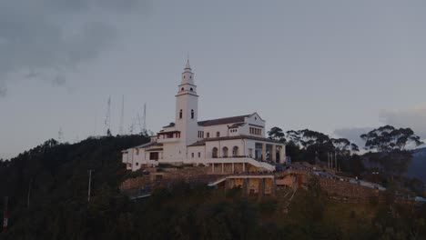 Drone-shot-around-the-Church-of-Monserrate-in-the-mountains-of-Bogota,-Colombia