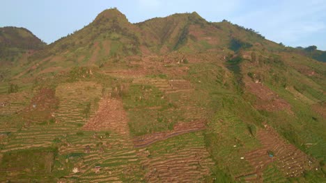 Tierras-De-Cultivo-En-Una-Colina-En-Indonesia,-Terreno-Agrícola-Accidentado,-Drones-Hacia-Adelante