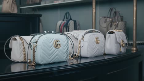 An-array-of-stylish-Gucci-bags-is-elegantly-displayed-in-a-luxury-boutique,-showcasing-various-designs-with-gold-hardware-and-sophisticated-details