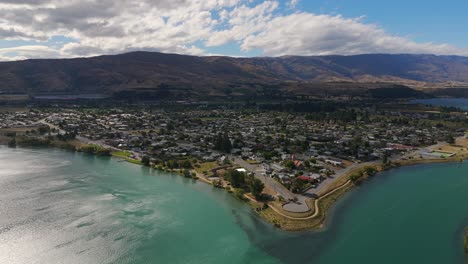 Scenic-aerial-orbit-old-town-Cromwell-in-New-Zealand-and-a-sunny-summer-day