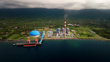 Coal-power-plant-on-Bali-North-Coast-on-shoreline,-electricity-generation