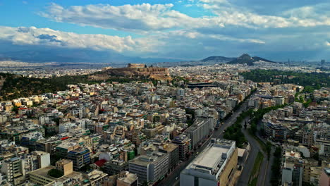 Ancient-city-Athen-in-Europe,-aerial-establisher-skyline-and-panorama,-temple