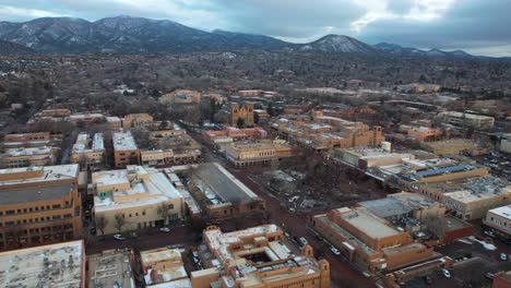 Downtown-Santa-Fe,-New-Mexico-USA-on-Winter-Day,-Aerial-View-of-Buildings-and-Streets