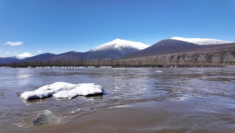 Ruhiger-Fluss-Mit-Schneebedeckten-Bergen-Im-Hintergrund-An-Einem-Klaren-Frühlingstag-In-Russland,-Der-Eine-Heitere-Und-Malerische-Landschaft-Bietet