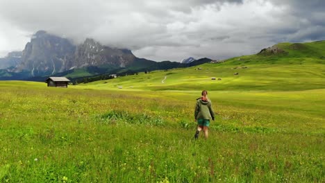 Woman-walks-through-a-flower-meadow-in-the-mountains