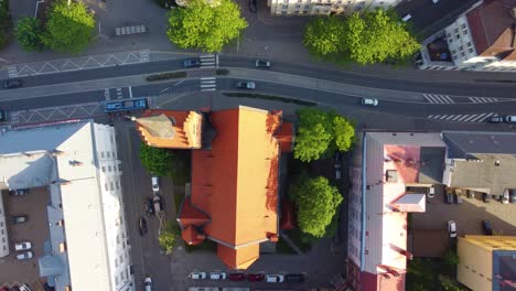 Top-Down-Aerial-at-Church-in-Residential-Area-at-Ostrava,-Czech-Republic