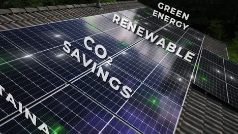 Green-energy,-renewable,-co2-savings,-sustanable-text-on-solar-panels-house-roof