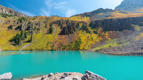 Timelapse,-Turquoise-Alpine-Water-in-Lake-Under-Green-Mountain-Hills-on-Sunny-Summer-Day