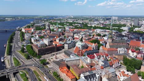 Amazing-Hyperlapse-Above-Riga,-Lativa-on-Beautiful-Summer-Day-in-Latvian-Capital-City