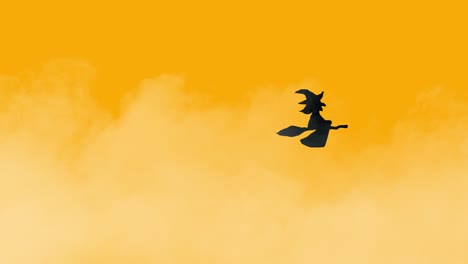 Halloween-animation-black-witch-flying-on-broomstick-over-foggy-solid-background-Orange