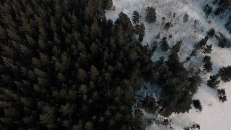 Luftaufnahmen-Von-Drohnenaufnahmen-Eines-Sonnigen-Tages-Mit-Wolken-über-Einer-Winterlandschaft,-Einschließlich-Wald-Und-Bäumen,-Bergen-Und-Offenen-Feldern-In-Quebec,-Kanada-Während-Des-Kanadischen-Winters